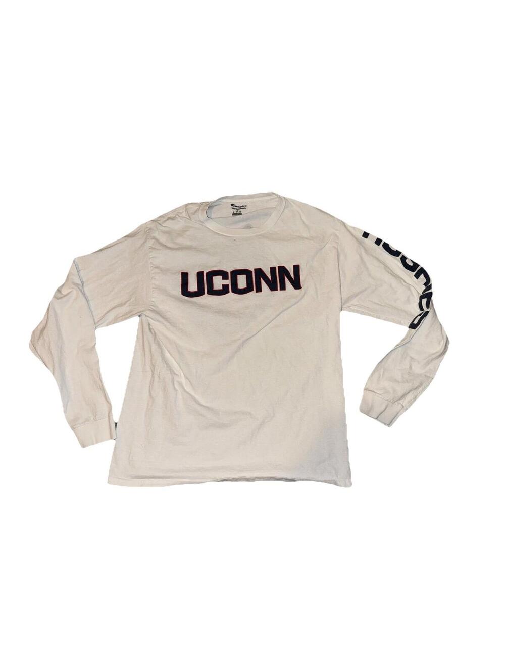 UCONN Huskies Champion White Long Sleeve Shirt Size Large? Logo Arm Y2K